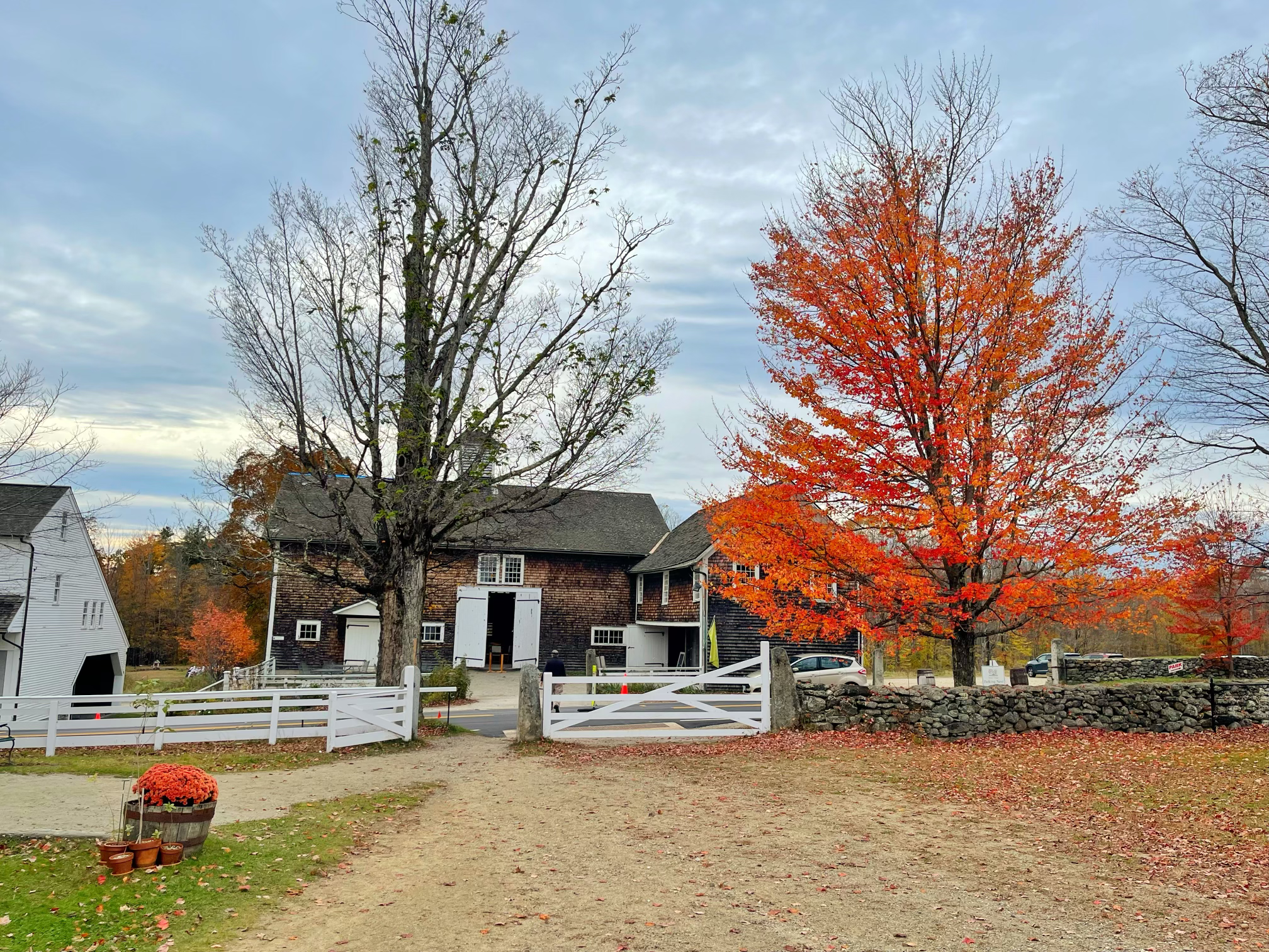 Horse barn at Canterbury Shaker Village on a fall day